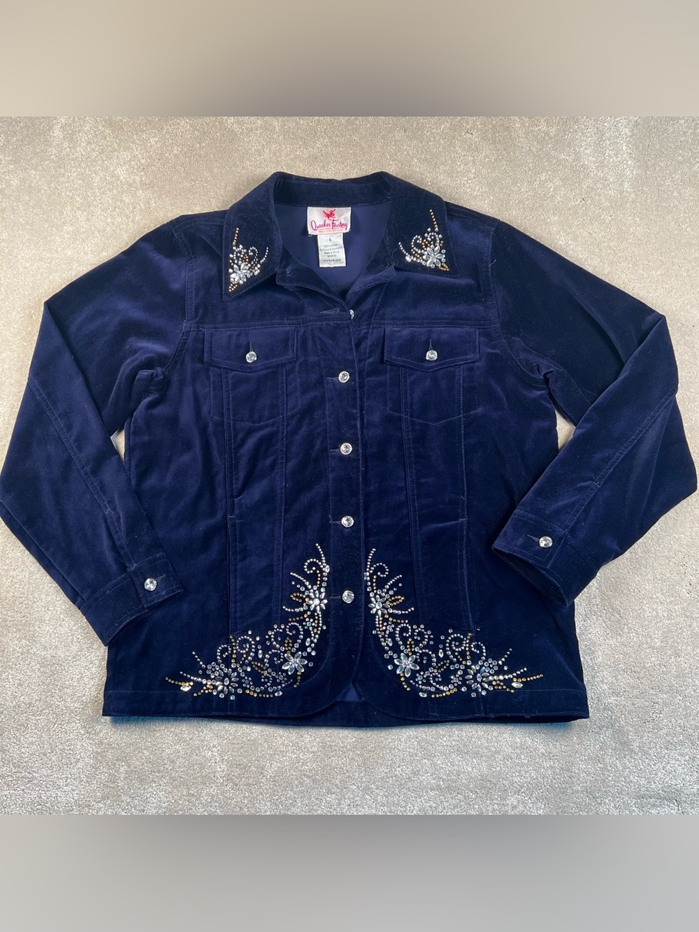 The Quacker Factory Jacket Rhinestone Blue Velvet Button Front 100% Cotton Small